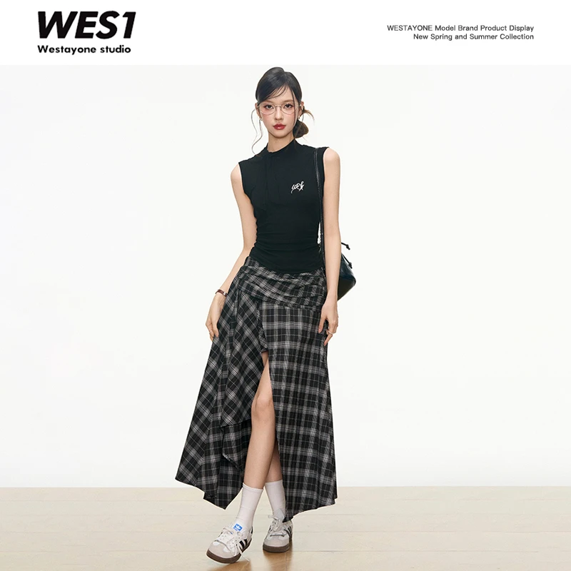 2567【5月8号新品】WESTAYONE 设计感格纹半身裙+蝴蝶结针织背心