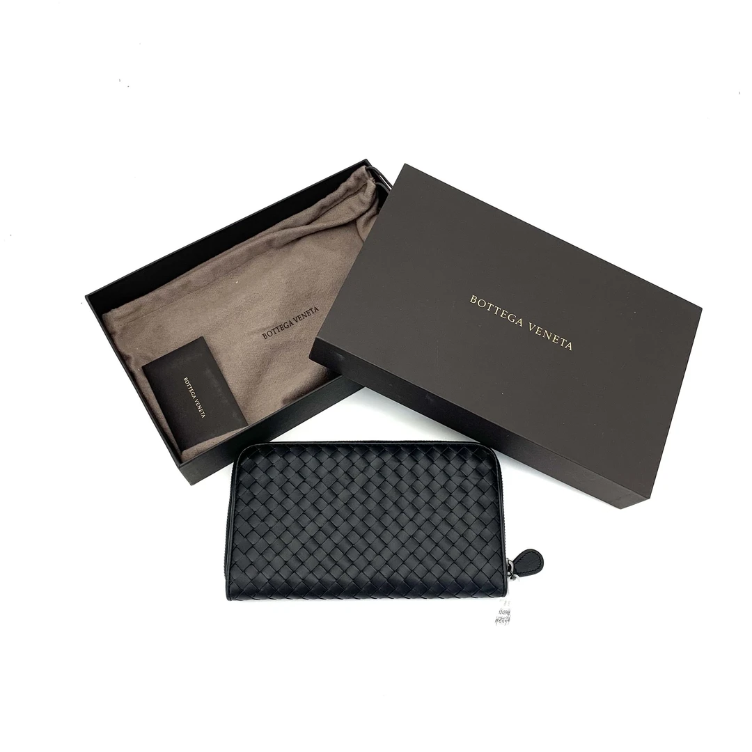 99新 BOTTEGA VENETA/葆蝶家 黑色全皮编织长款拉链钱包  尺21/12