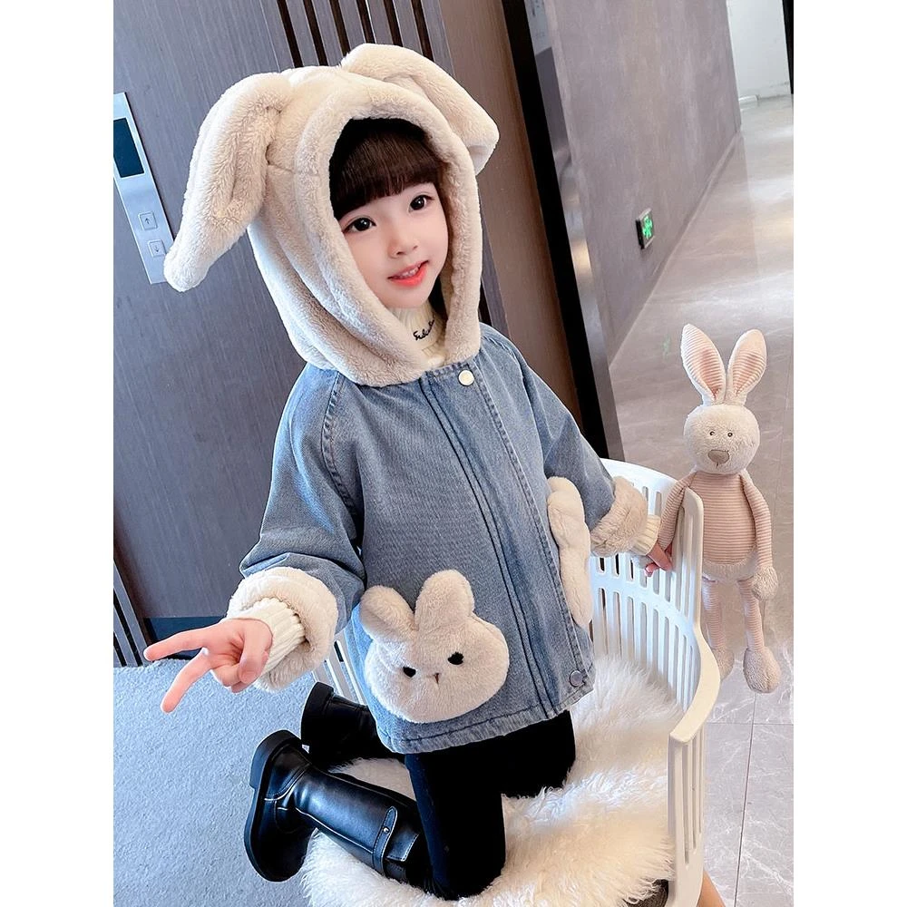 范哲萨女童牛仔外套毛绒秋装2025新款秋季中小童儿童加绒加厚春秋