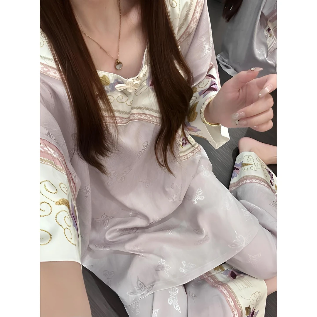 中式复古印花盘扣设计长袖睡衣女夏季新款大码长袖长裤家居服套装