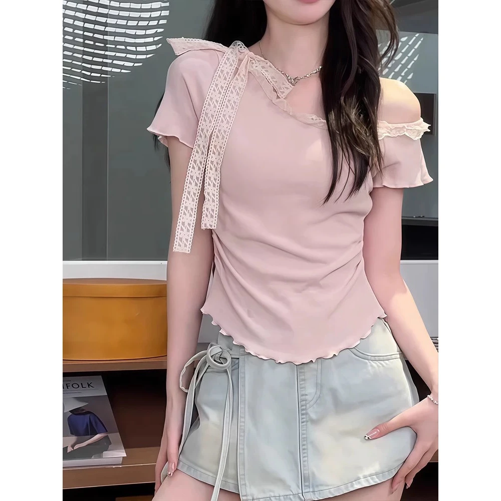 白色纯欲蝴蝶结斜肩短袖T恤女夏季法式高级感小个子温柔短款上衣