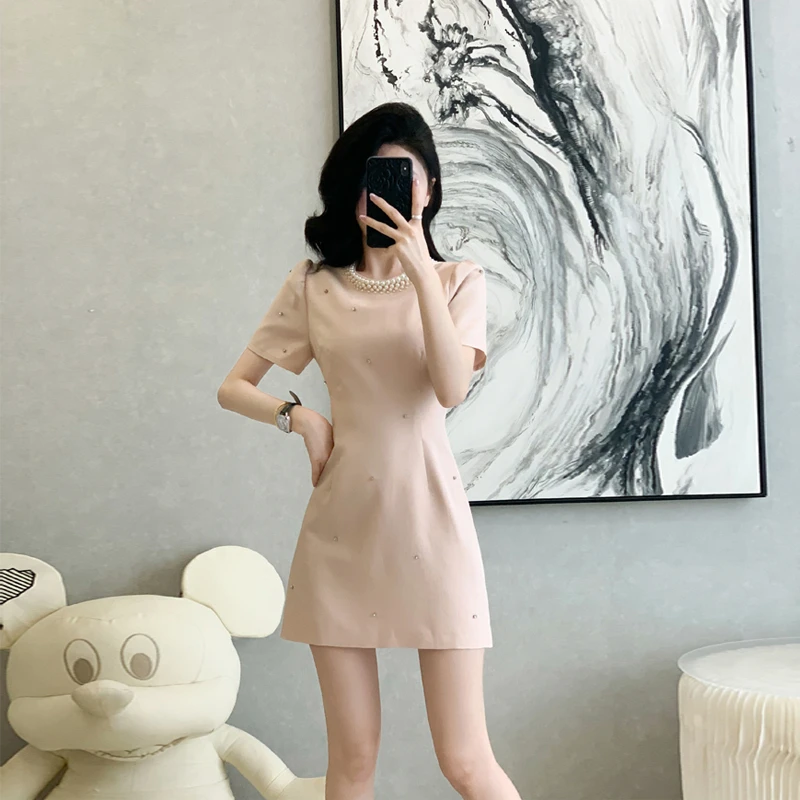 法式夏季短袖连衣裙圆领小香风复古短款气质礼服裙子纯欲风小个子