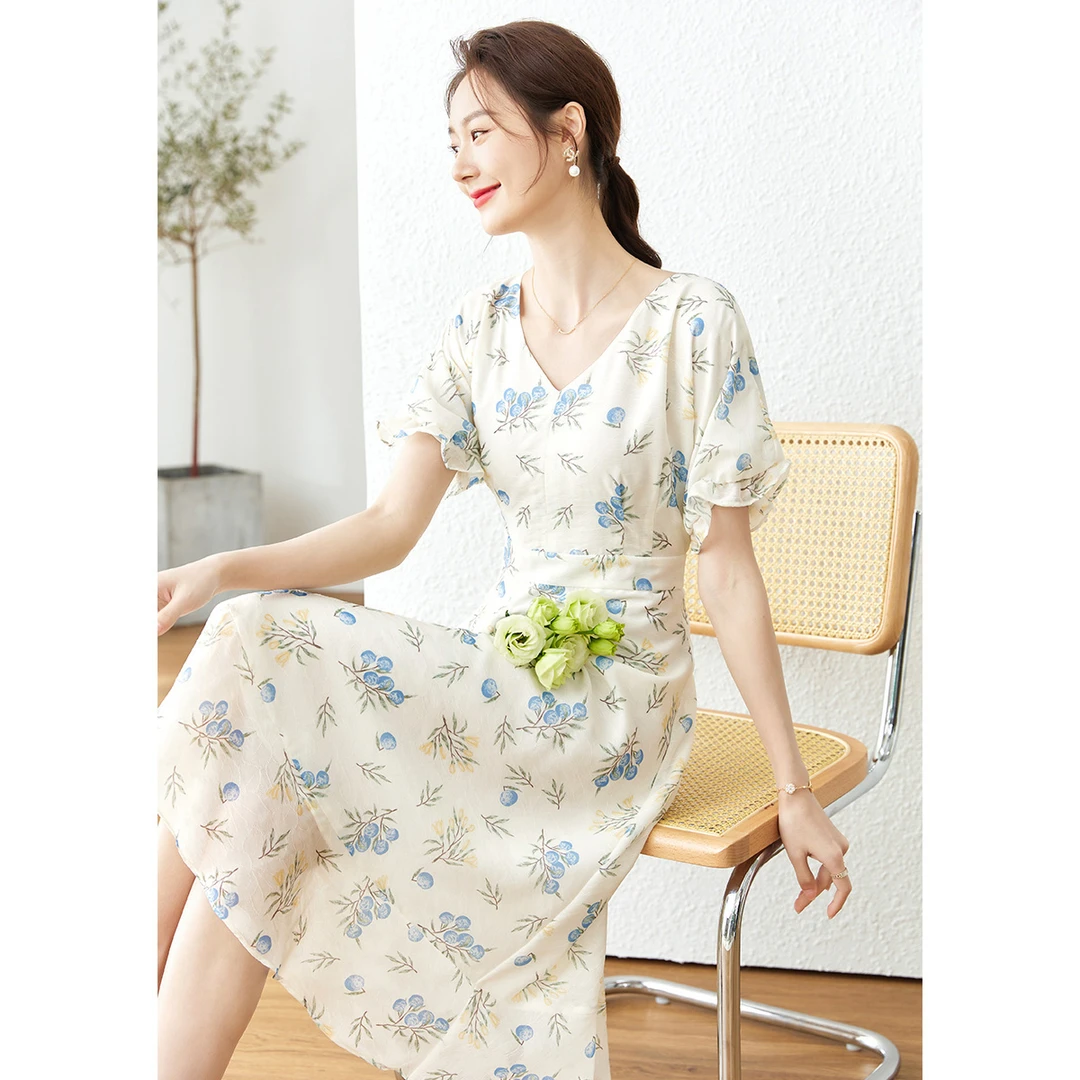 *泡泡袖雪纺碎花裙茶歇法式连衣裙女夏小个子设计感小众M7267