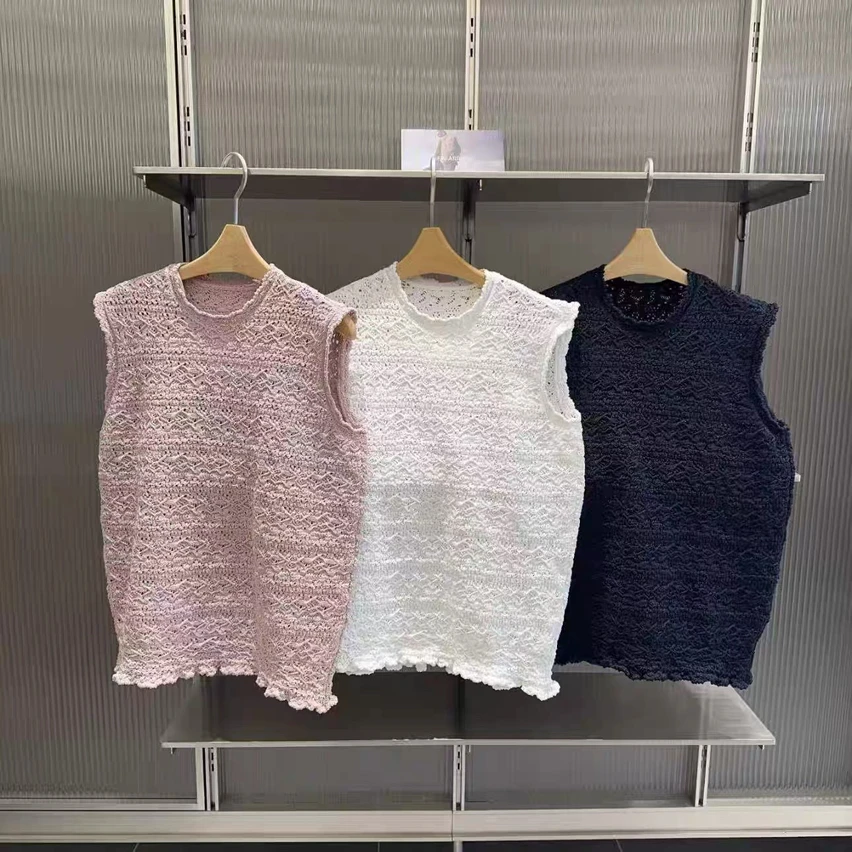 2026春新款复古圆领镂空针织背心女无袖套头马甲【0616】