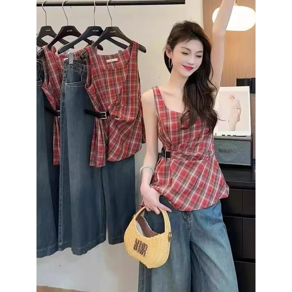 新款工艺收腰显瘦皮带扣气质格子背心衬衫洋气设计感气质吊带上衣