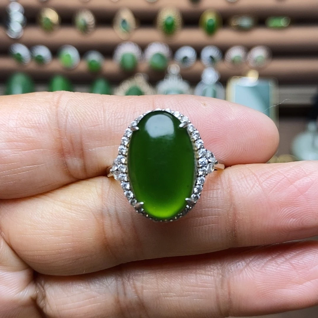 吊坠(不含链)银S925镶嵌和田玉（碧玉）戒指