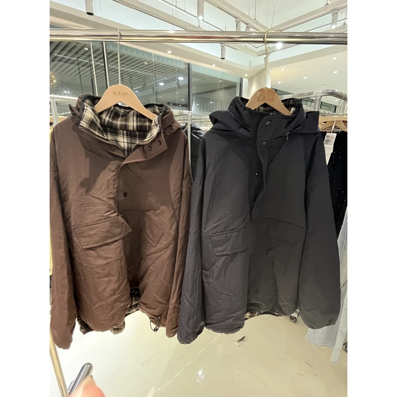 B10892冬季新款时尚设计感内里拼格子洋气连帽套头外套