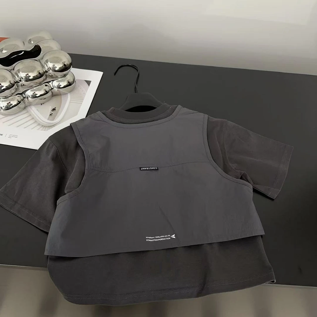 【两个小盆友】2025儿童夏季韩版宽松短袖假两件上衣字母T恤1182