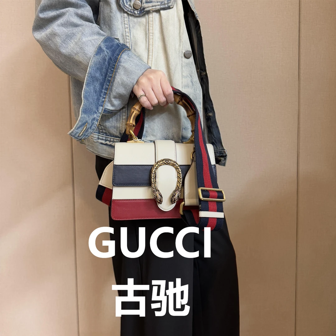 95新 GUCCI/古驰 拼色酒神竹节手提包/云海优选/55234