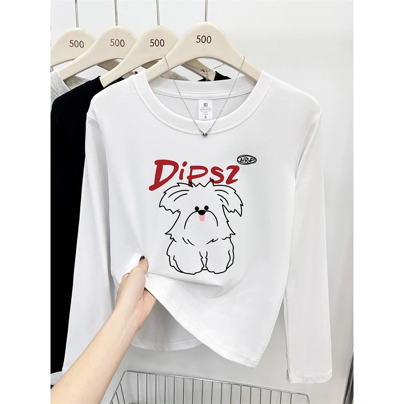 白色圆领小狗印花正肩长袖T恤女秋季胖mm大码遮肉显瘦上衣打底衫
