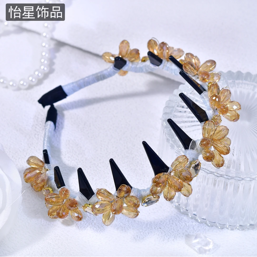 怡星轻奢水晶发饰女款带齿防滑高颅顶发箍复古温柔百搭细头箍A400