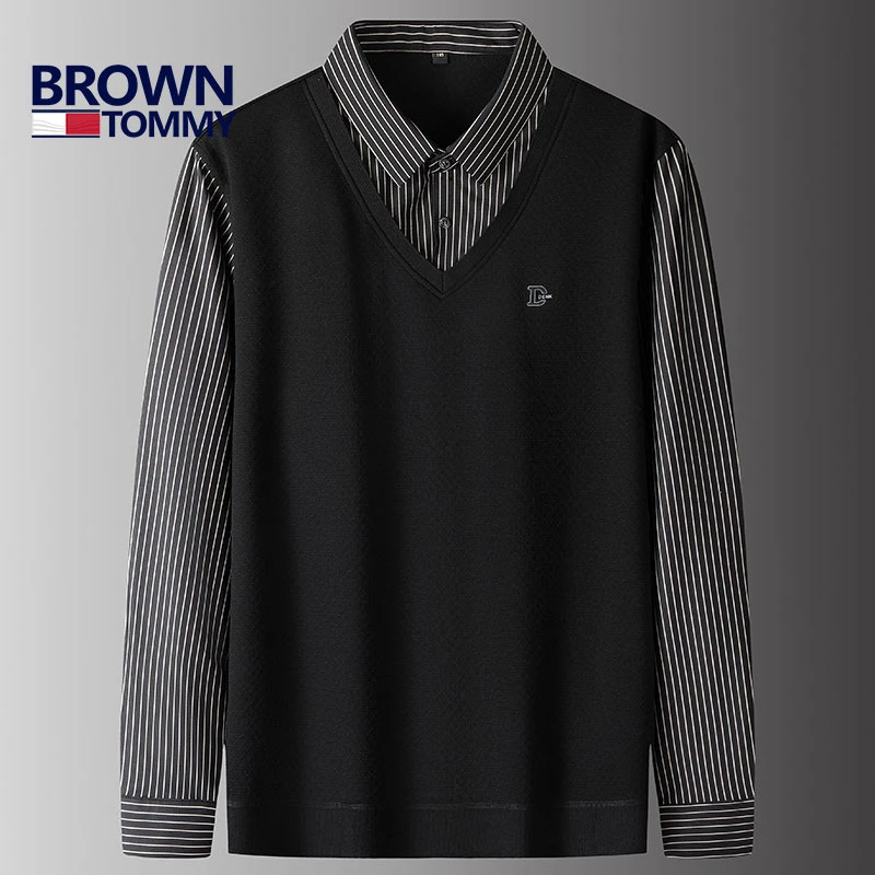 春秋季新款男士休闲大码假两件衬衣加肥加大胖子男款宽松长袖上衣