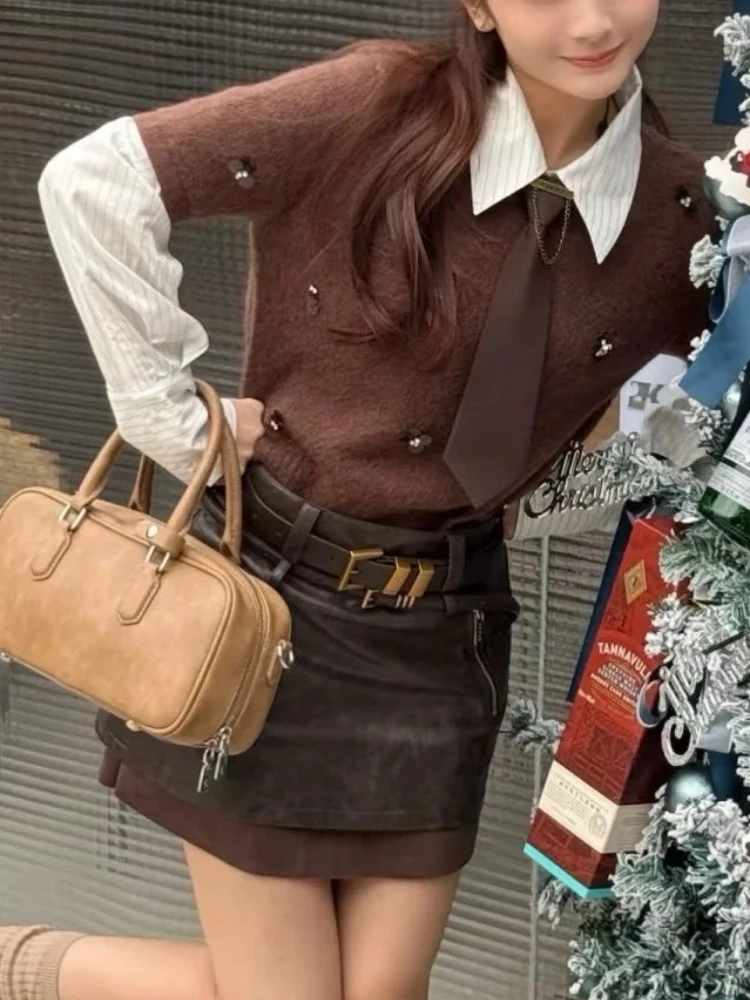 【济州岛】法式复古咖色拼接假两件长袖上衣 网家