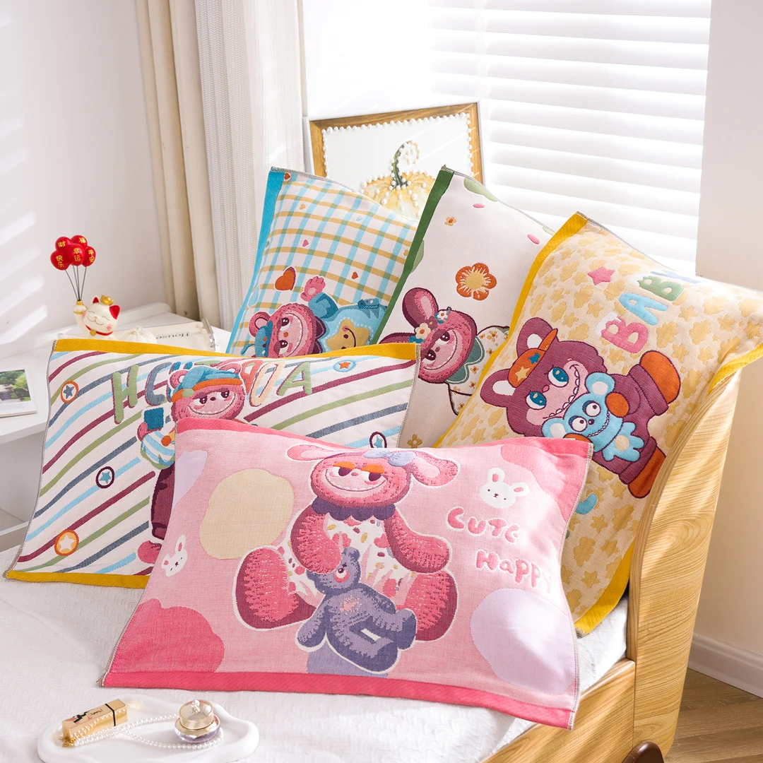 拉布兽八层儿童纯棉纱布枕巾儿童卡通全棉加厚枕头巾宝宝枕头盖巾