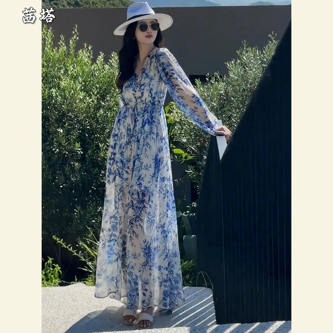 上流社会气质女神范长裙风情万种轻奢高级感巨好看的印花连衣裙夏