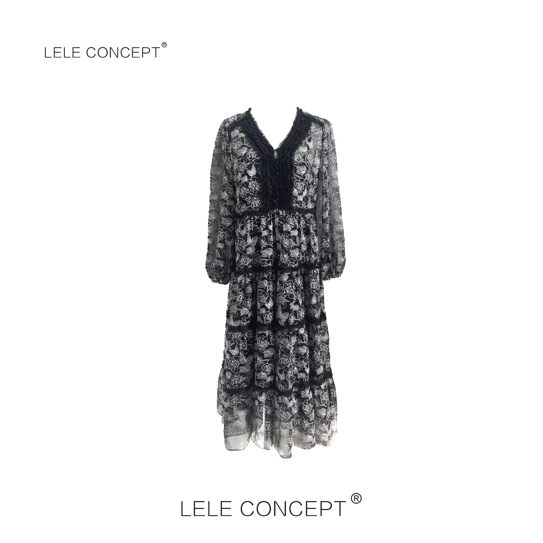 LELE CONCEPT｜【如一】时尚百搭线条花朵连衣裙Q0525