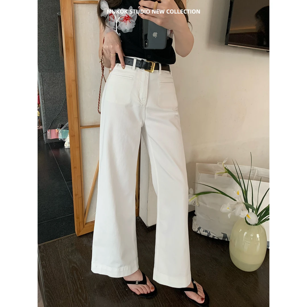 MUKOK春日绝搭~  白色高腰直筒裤显瘦九分阔腿牛仔裤女2025新款
