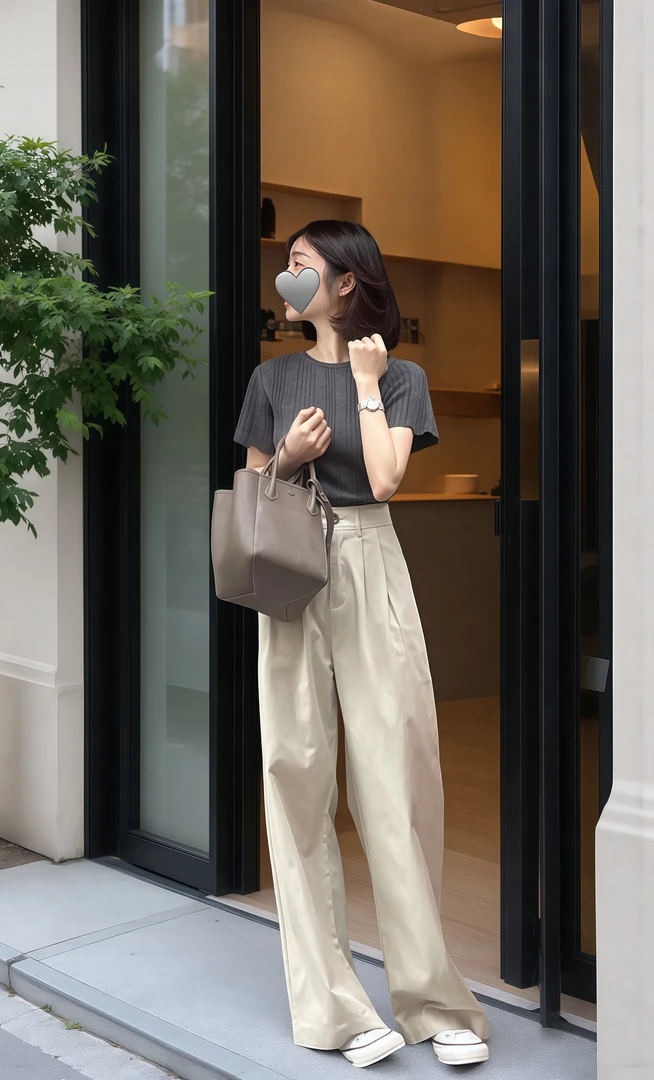 【云层素描】时尚松弛慵懒风灰色针织上衣舒适搭配杏色长裤套装女