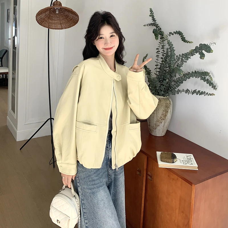 黄色短款pu皮衣外套女春秋2025新款小个子夹克上衣高级感机车服