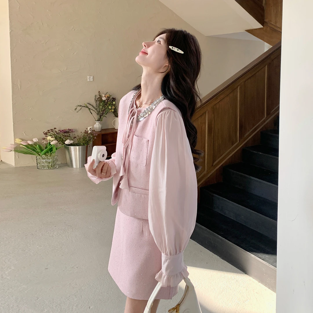 粉色法式小香风短裙套装女装2025早秋新款时尚套装小众减龄三件套