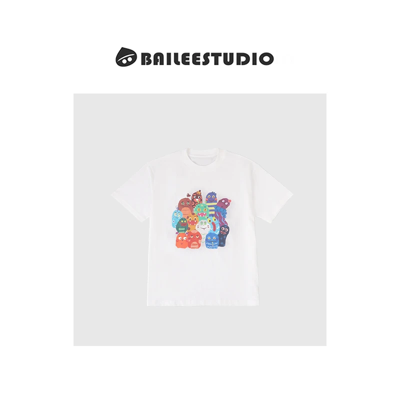 【柏栗良品】韩范童趣减龄多色卡通小蛇印花宽松圆领短袖T恤511065