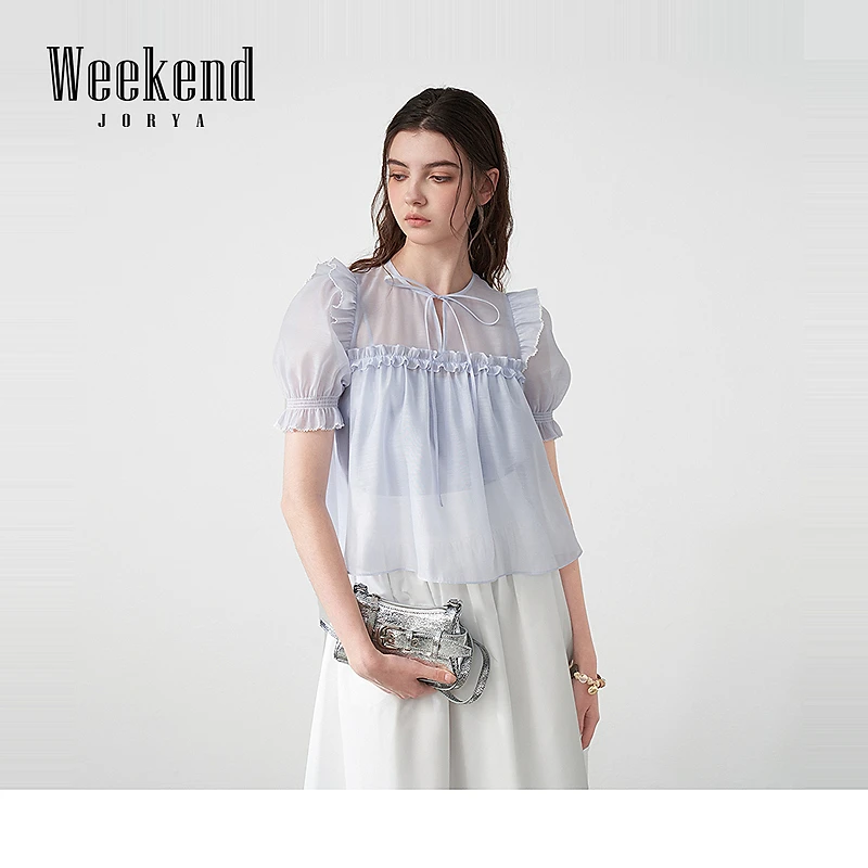 卓雅周末25夏季新款梦幻少女宽松A版泡泡袖娃娃款雪纺衫R2932A