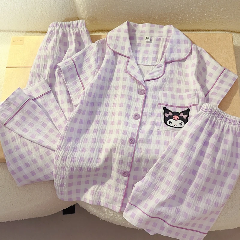 可爱库洛米云朵棉短袖开衫睡衣三件套女童夏季中大童学生亲子装