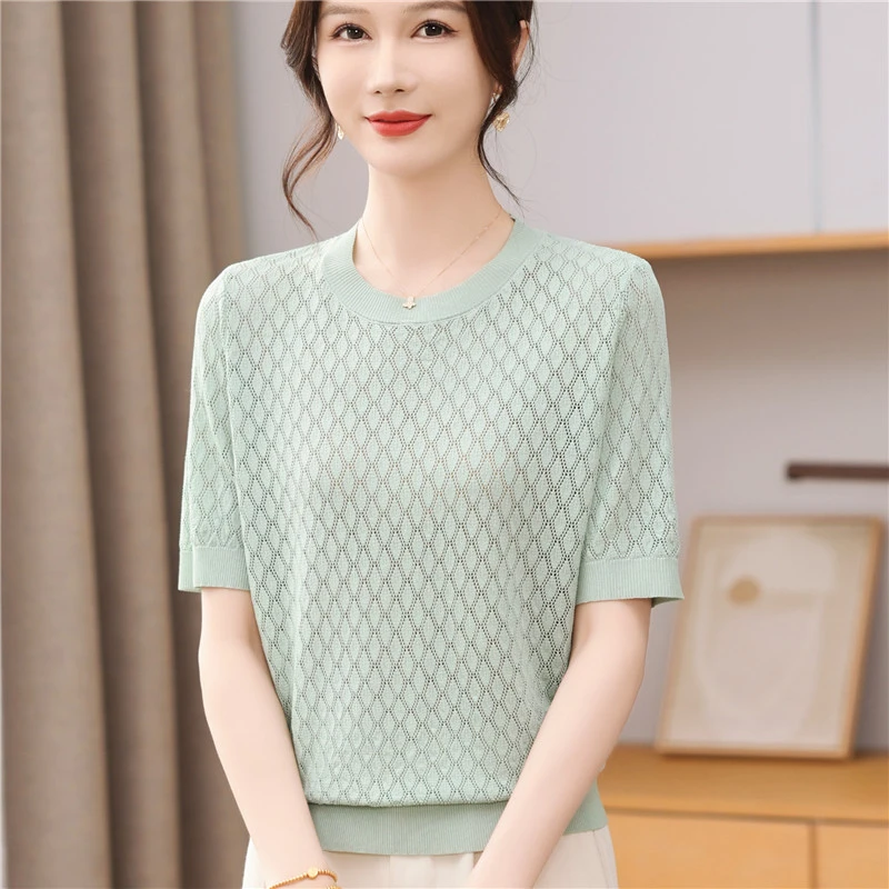 镂空短袖夏装女装2025新款t恤洋气中年妈妈冰丝针织衫显瘦上衣t恤
