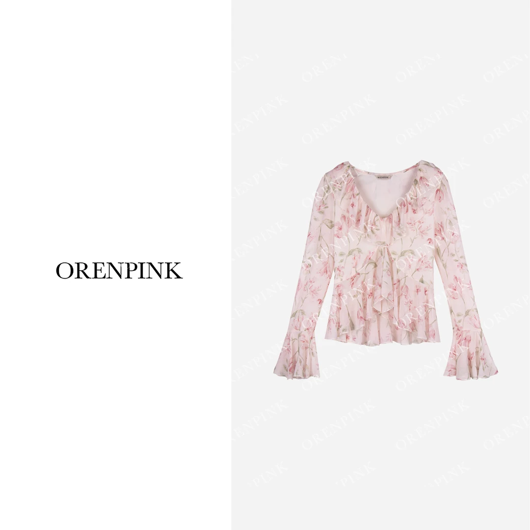 OREN PINK/奥粉25年新款春夏款“花朵奇遇”时尚浪漫女装雪纺上衣