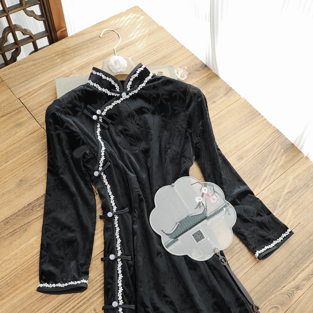 俏娘鱼黑色复古新中式改良长袖旗袍女2025秋季新款日常可穿年轻款