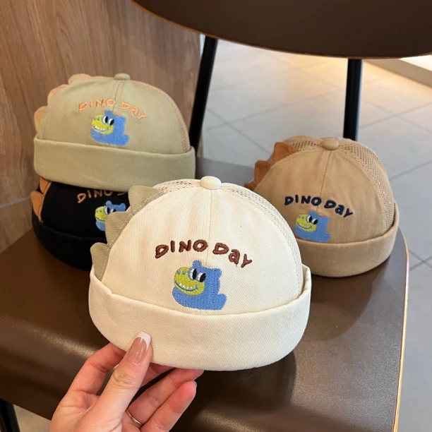 【可爱加倍】宝宝帽子春夏季卡通恐龙雅痞地主帽超萌半网透气瓜皮帽