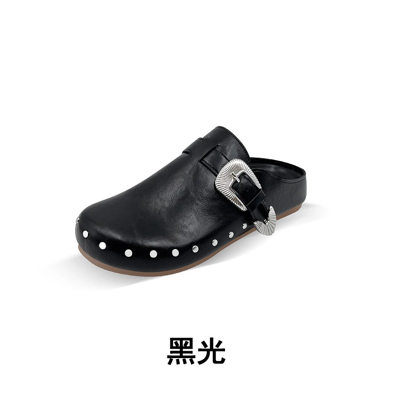 【黑光】高级感气质网红潮流铆钉系列包头拖鞋舒适平底女鞋-A006
