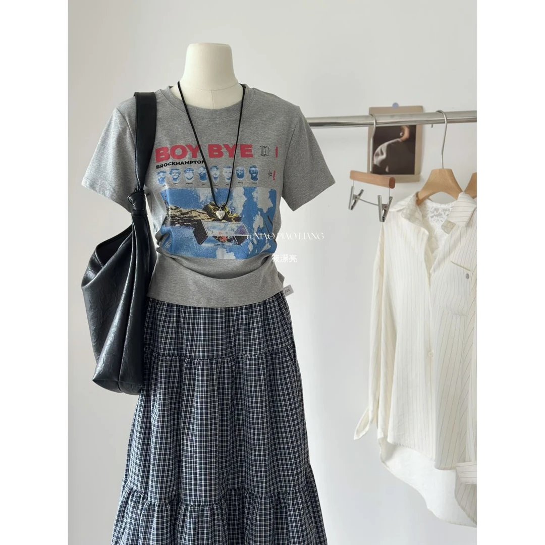 夏季时尚小众美式复古字母印花通勤百搭圆领短袖T恤6403-1#0.1