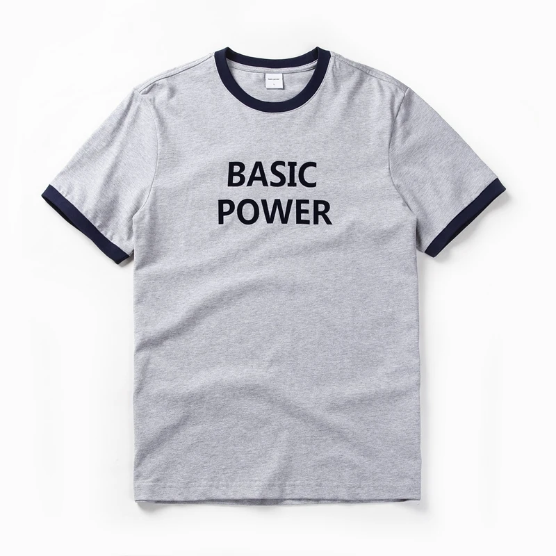 外贸日单水洗纯棉面料男士圆领短袖T恤男全棉t恤男印花撞色21支棉