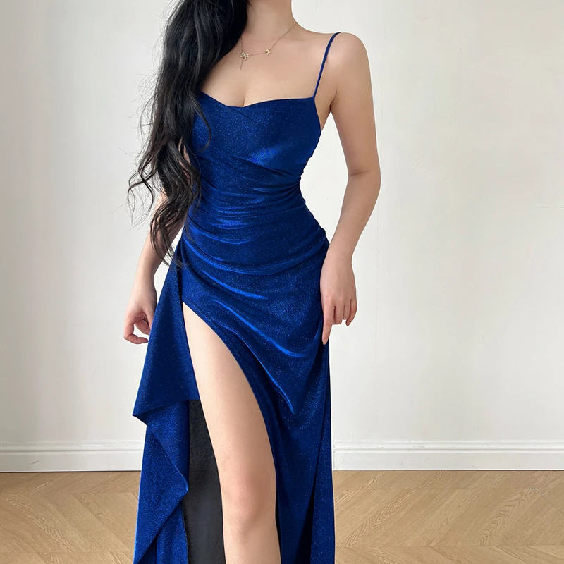 性感辣妹开叉抹胸吊带礼服裙闪闪生日宴会性感气质包臀长裙子