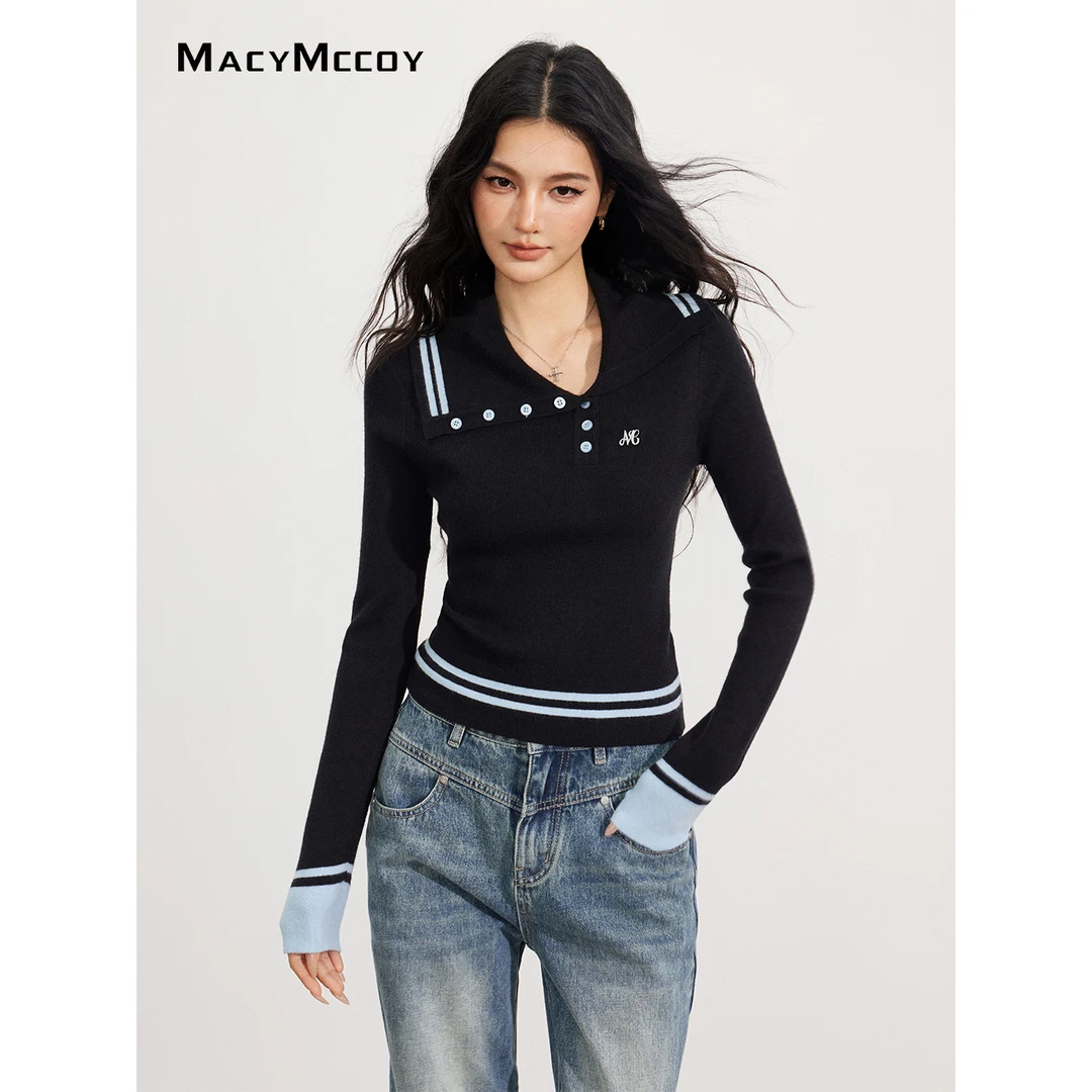 MacyMccoy不规则撞色针织上衣女秋冬新品设计感百搭显瘦个性内搭