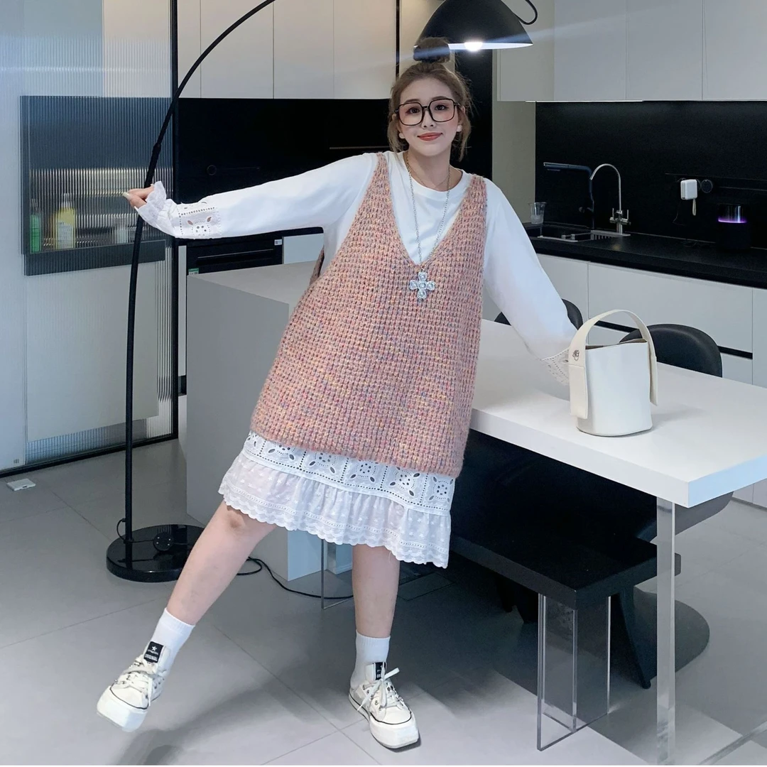 媛子大码减龄时尚针织马甲秋季新款韩版宽松显瘦百搭叠穿背心上衣