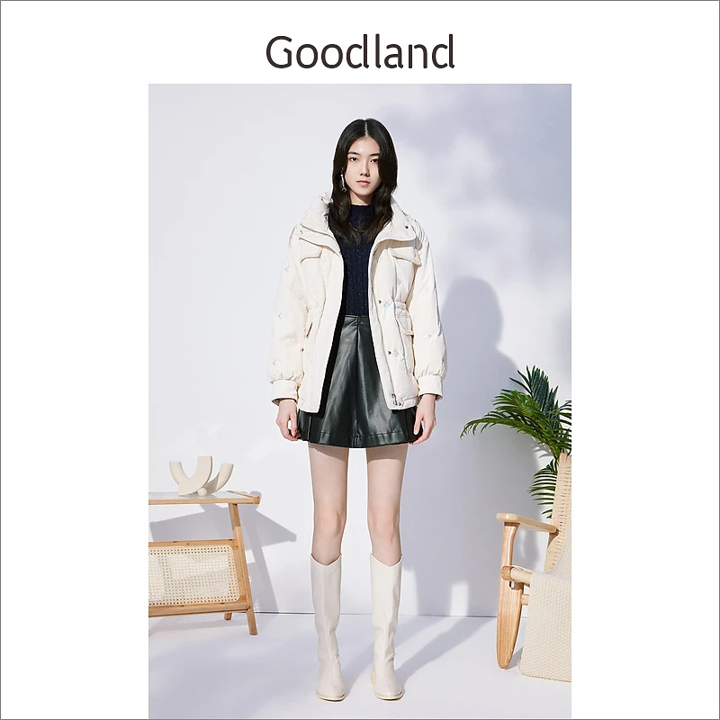 【小香风】Goodland美地女装冬季加厚鸭绒白色短款羽绒服