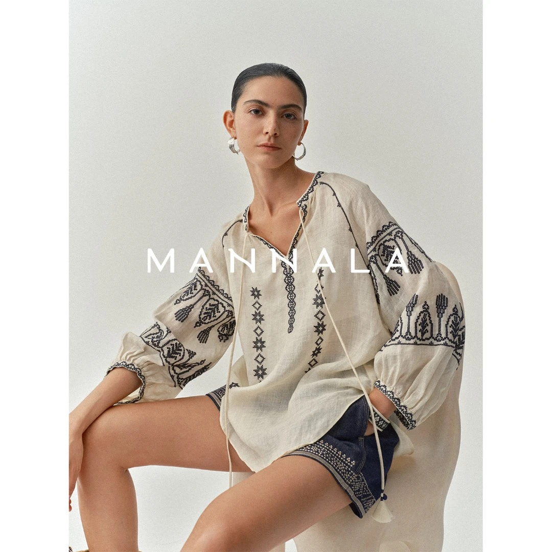 MANNALA丨 “五月天”苎麻民族风度假感刺绣绑带衬衫 Q2546