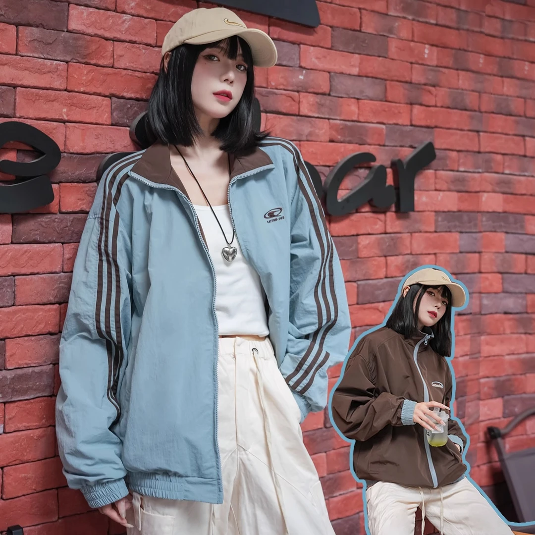 双面穿三条杠外套男女2025新款春秋美式立领运动情侣夹克