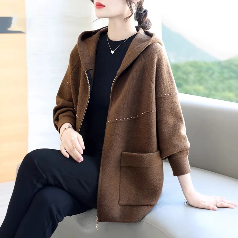 妈妈春秋装洋气毛呢外套2025新款中老年女装秋冬大码宽松针织上衣