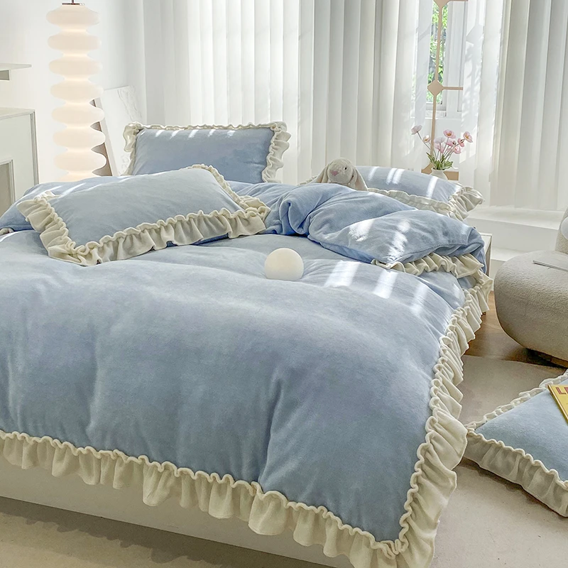 简约法式花边款马卡龙系列加厚牛奶绒四件套加绒保暖床单被套床品