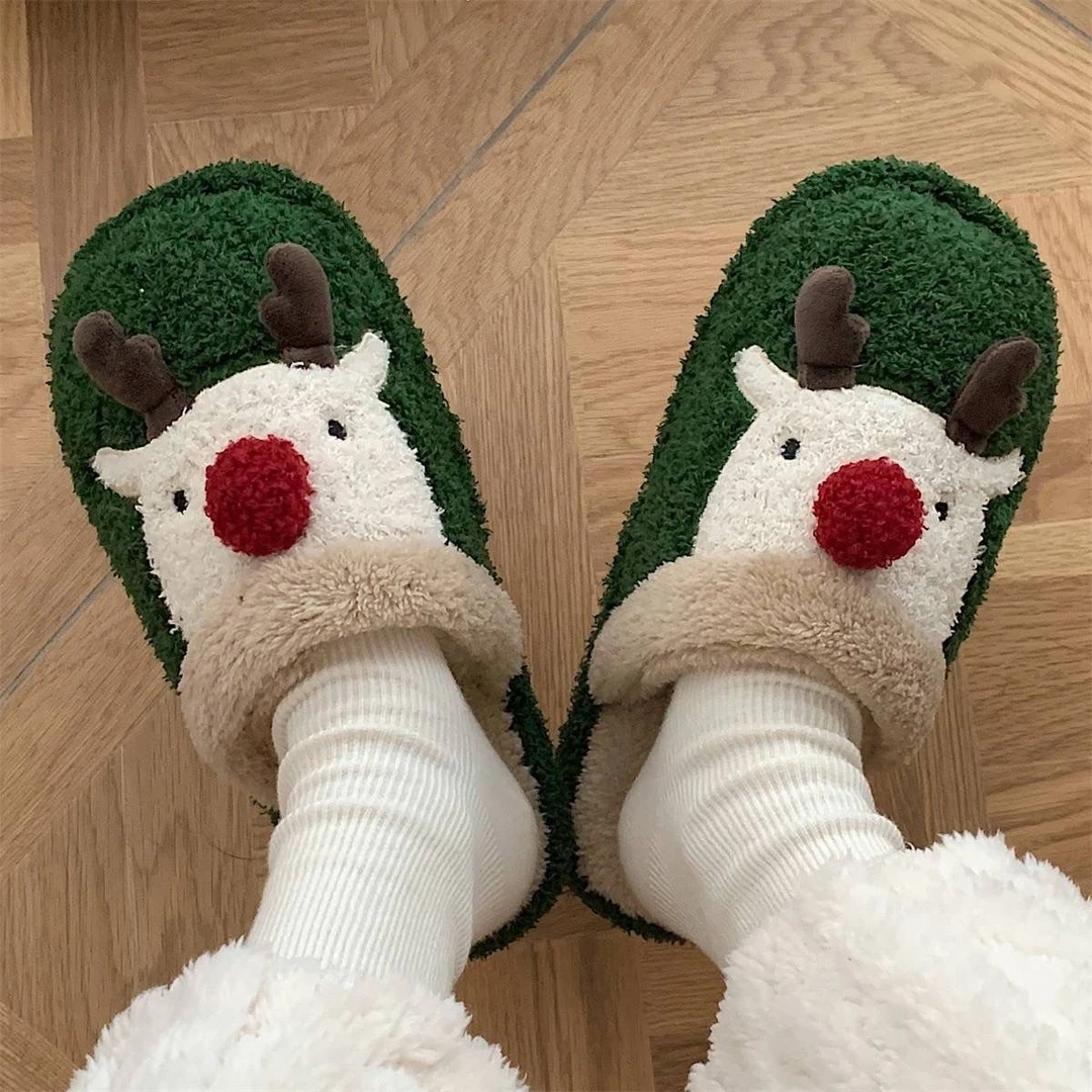 ins时尚居家防滑毛绒鞋女冬季情路加绒可爱圣诞麋鹿棉拖鞋男保暖