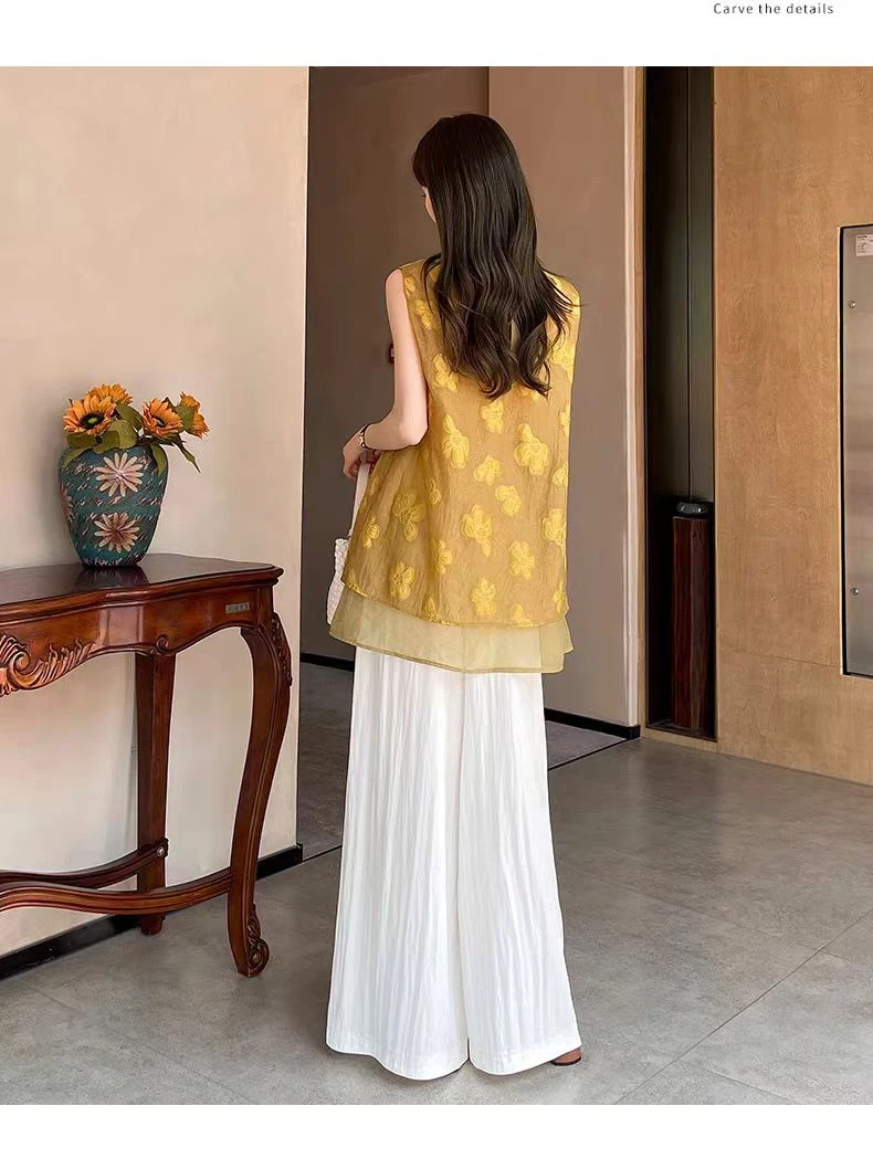 美美服饰3118韩系新中式刺绣花朵无袖洋气百搭显瘦上衣