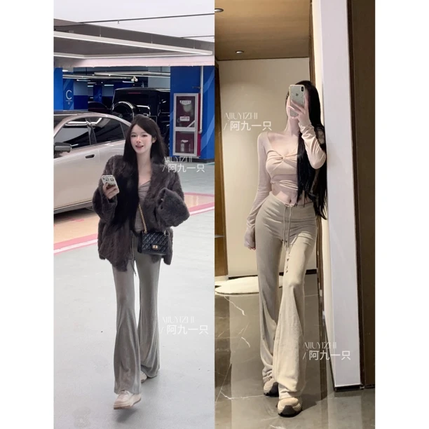 阿九一只 秋冬必备高腰抽绳微喇百搭神裤0030