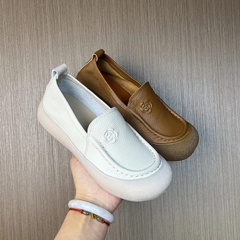 头层牛皮春季防滑平底圆头单鞋舒适豆豆鞋百搭懒人鞋软底妈妈鞋