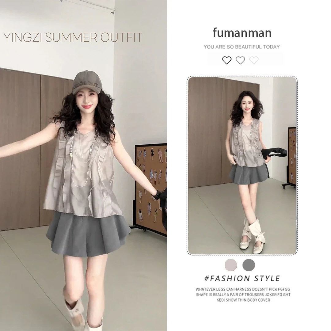 夏季套装女2025新款小众气质感无袖上衣搭配设计感显瘦裙裤两件套