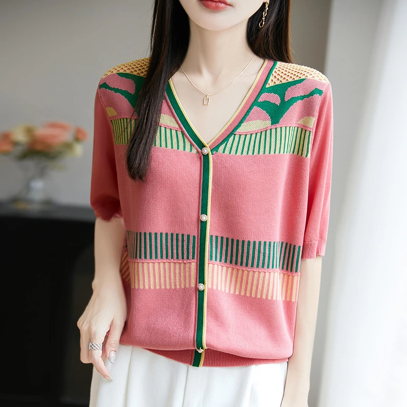 正品哥弟新款短袖t恤洋气衣服风格女装2025夏季V领拼色桑蚕丝体恤