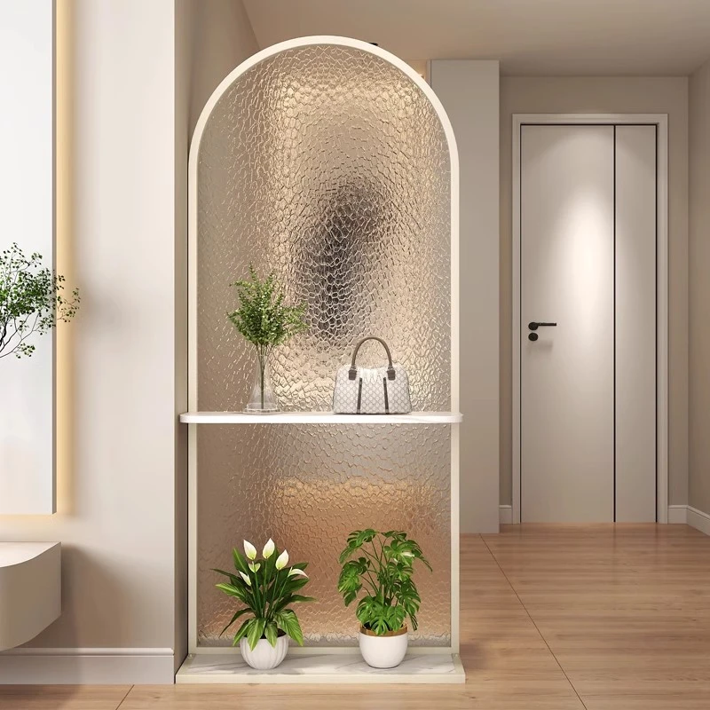 水波纹长虹玻璃奶油风免打孔屏风隔断卧室遮挡入户玄关客厅可移动