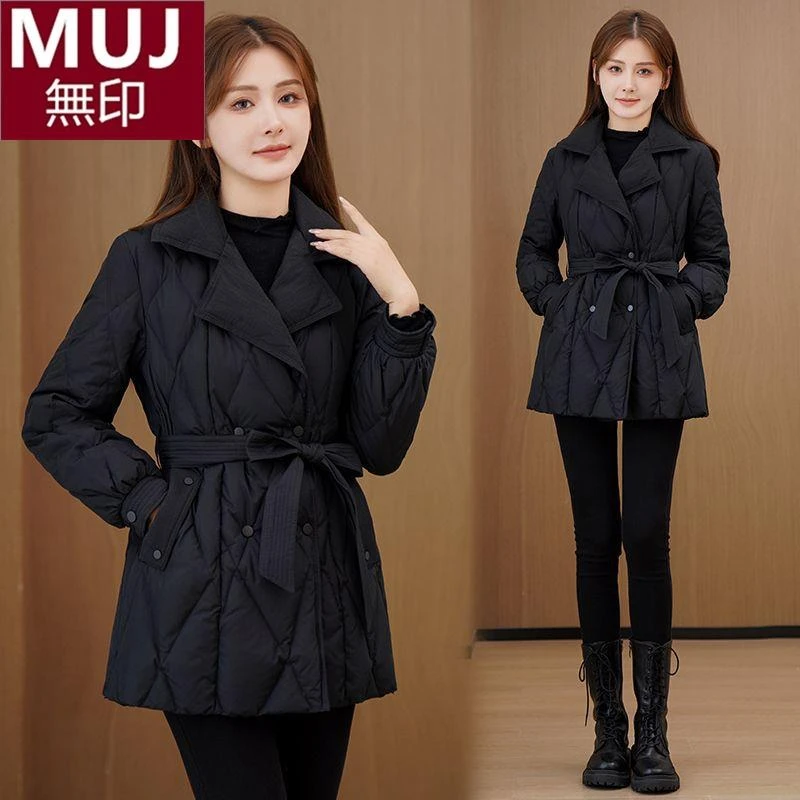 日本无印新款女冬装收腰显瘦中长款服女黑色西装领气质衣外套